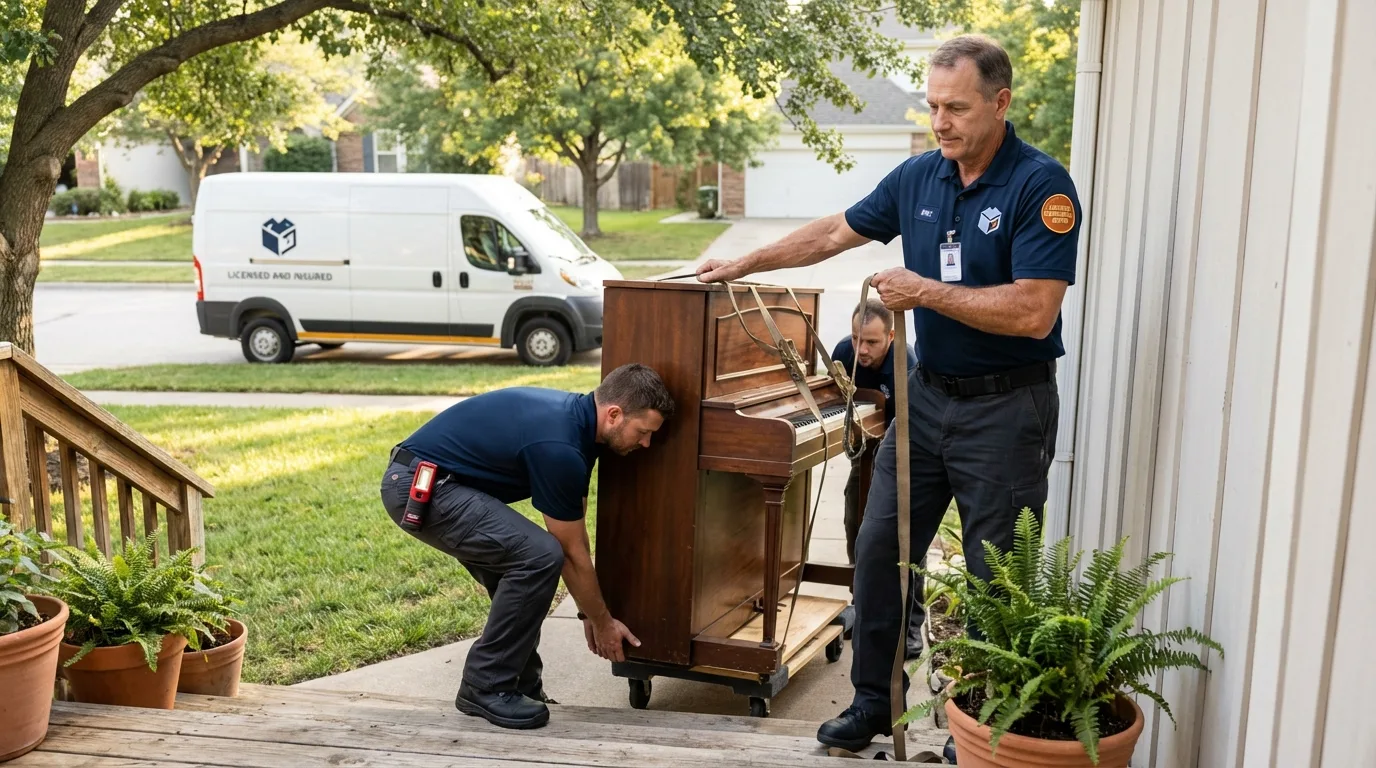 Licensed piano movers securing grand piano in Kenilworth, NJ