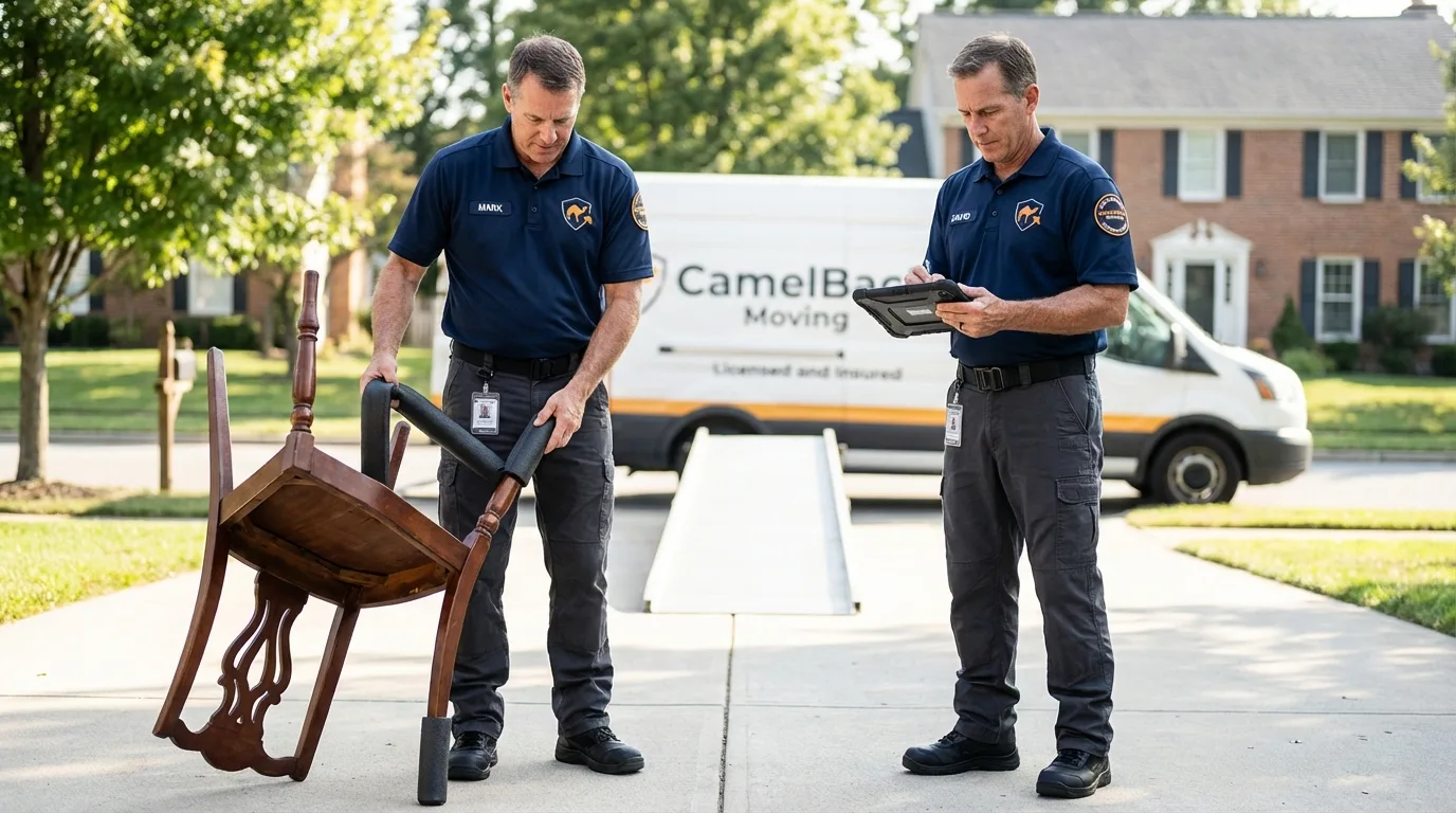 Movers inspecting furniture for damage prevention before loading in Kenilworth, NJ