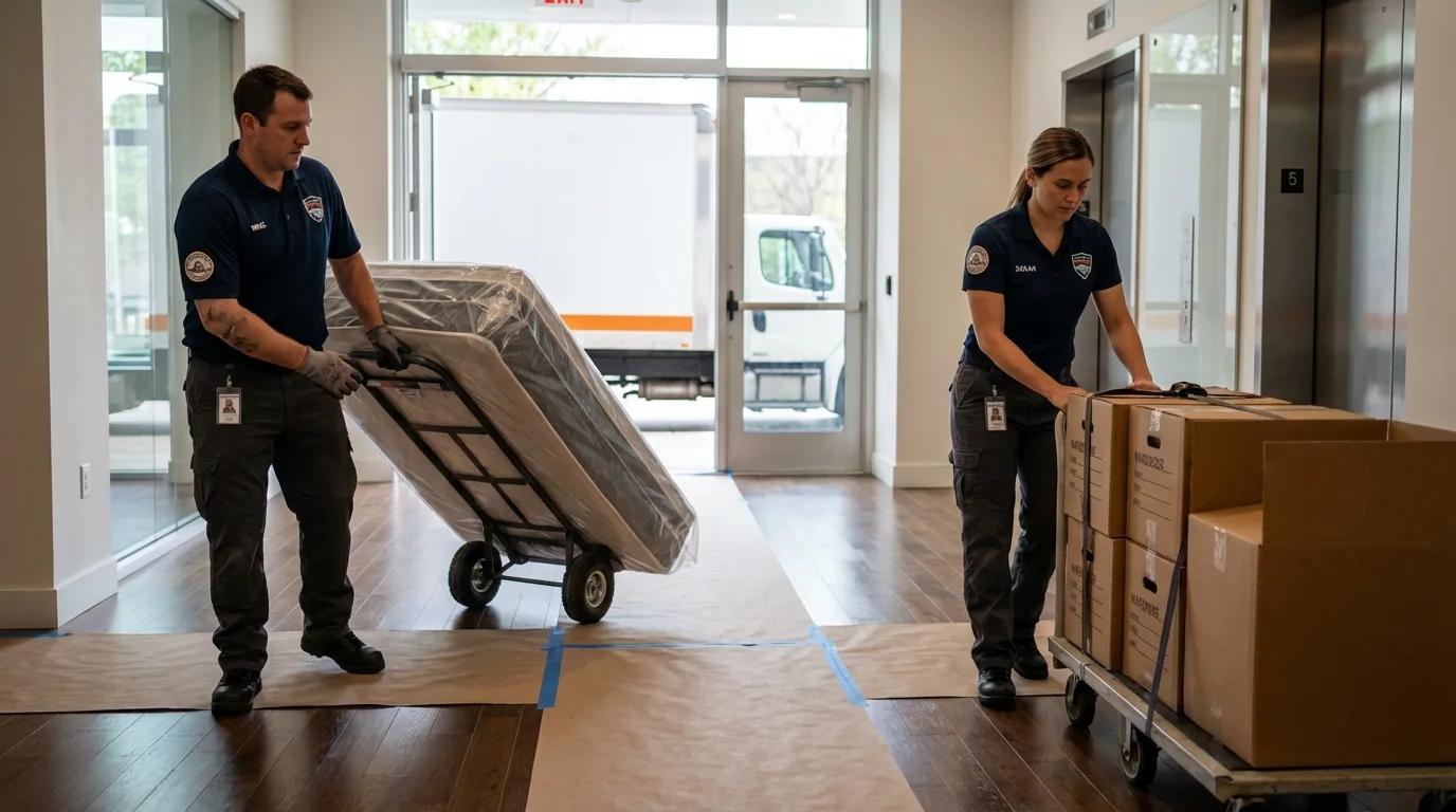 Professional apartment movers loading elevator in Kenilworth, NJ
